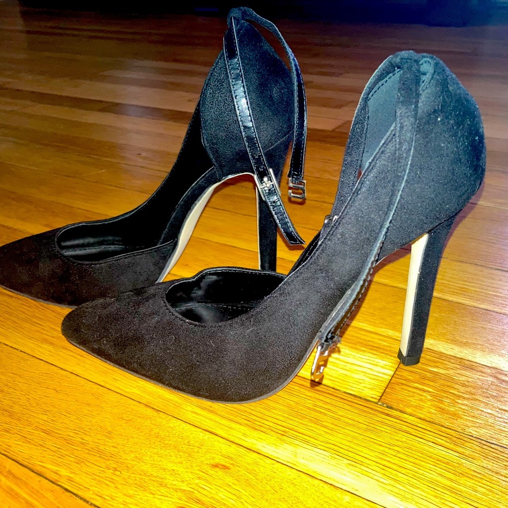 Black Suede Heels With Ankle Strap Closure